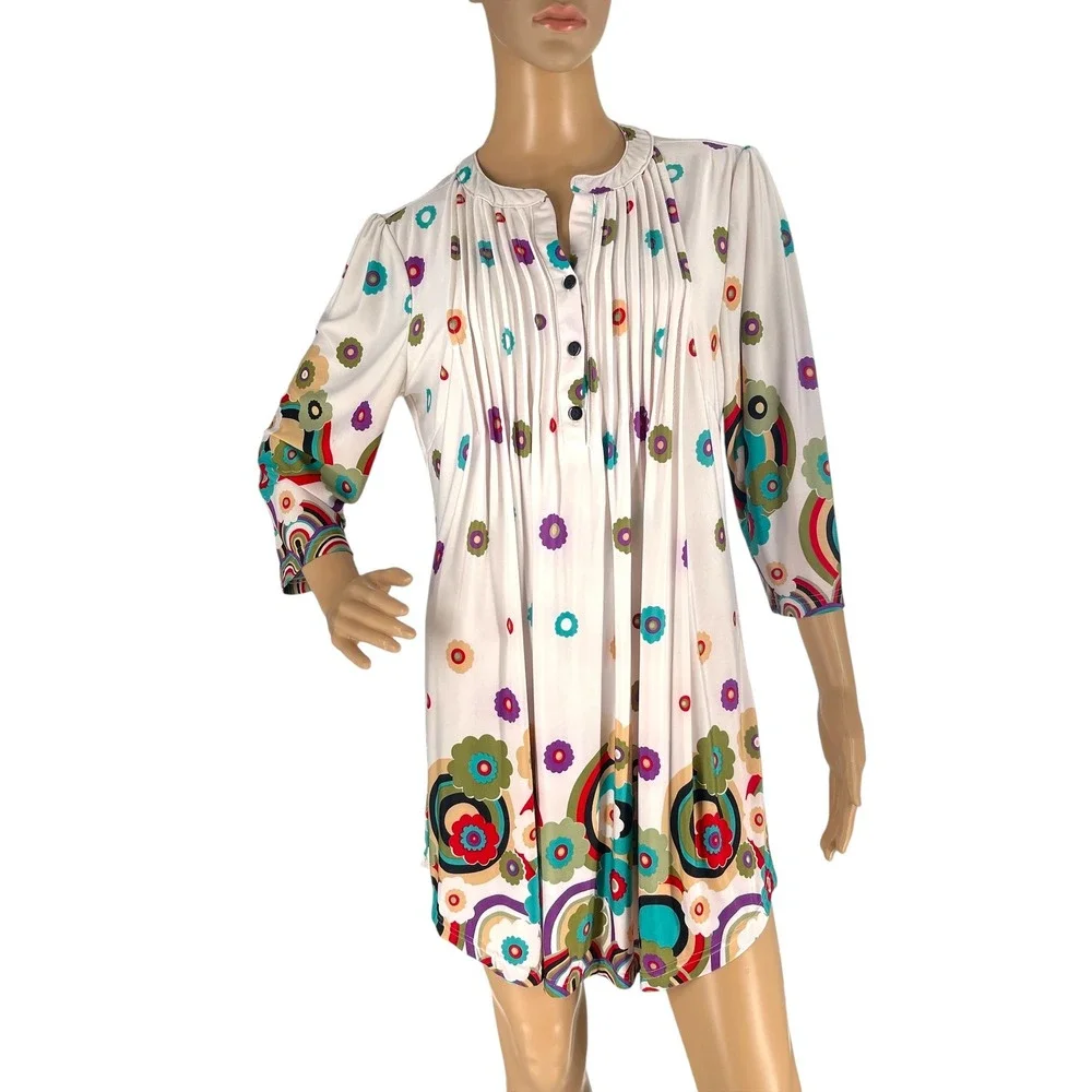 Reborn Pleated Mini Dress Floral 3/4‎ Sleeves Retro Art Deco Size Medium